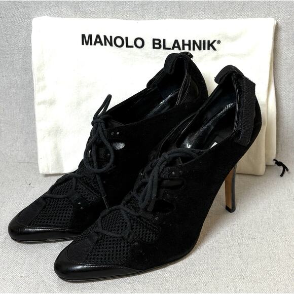 Manolo Blahnik Black Suede Lace Up Shoe Boot Heel sz US 6.5 Y2K W/ Dust Bag - Picture 2 of 6